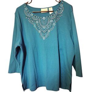 Alfred Dunner XL Teal Blue Rhinestone Embellished 3/4 Sleeve Top